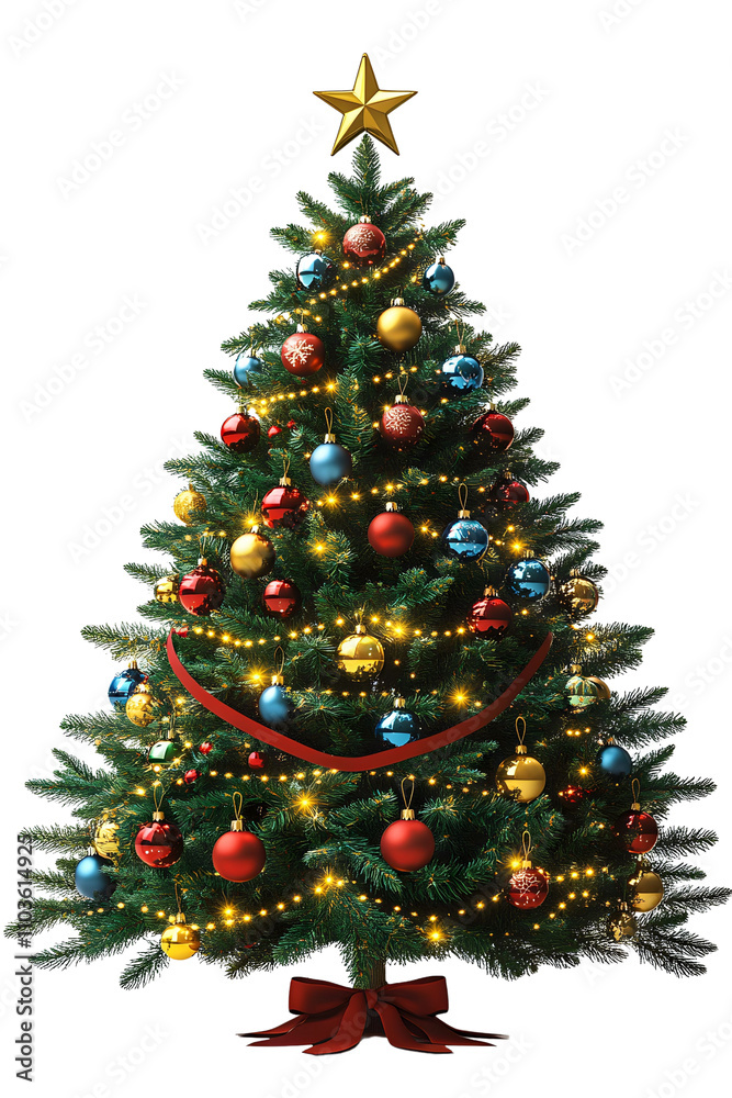 3D cartoon Christmas tree features glass baubles, red ribbons, golden garlands, LED lights, and star topper on transparent background with realistic pine needles , on transparent background 3D cartoon Christmas tree features glass baubles, red ribbons, golden garlands, LED lights, and star topper on transparent background with realistic pine needles , on transparent background