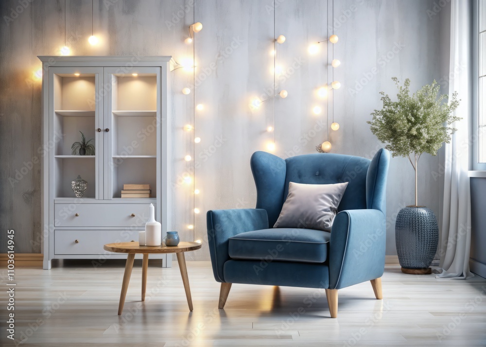 Modern Living Room Setup with Gray Furniture, Blue Sofa, and Stylish Small Table Next to Wardrobe on a Minimalist White Background with Bokeh Effect Modern Living Room Setup with Gray Furniture, Blue Sofa, and Stylish Small Table Next to Wardrobe on a Minimalist White Background with Bokeh Effect