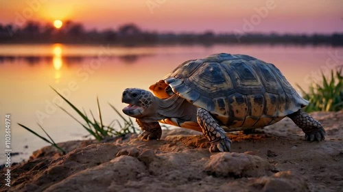 Large Talking Turtle on a Beach at Sunset - Video




