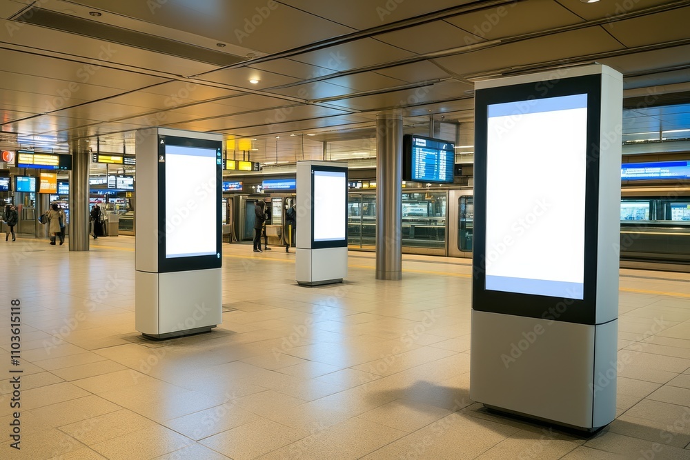 Empty Digital Displays in Modern Train Station with Soft Lighting and Spacious Layout, Ideal for Advertising and Urban Environment Contexts