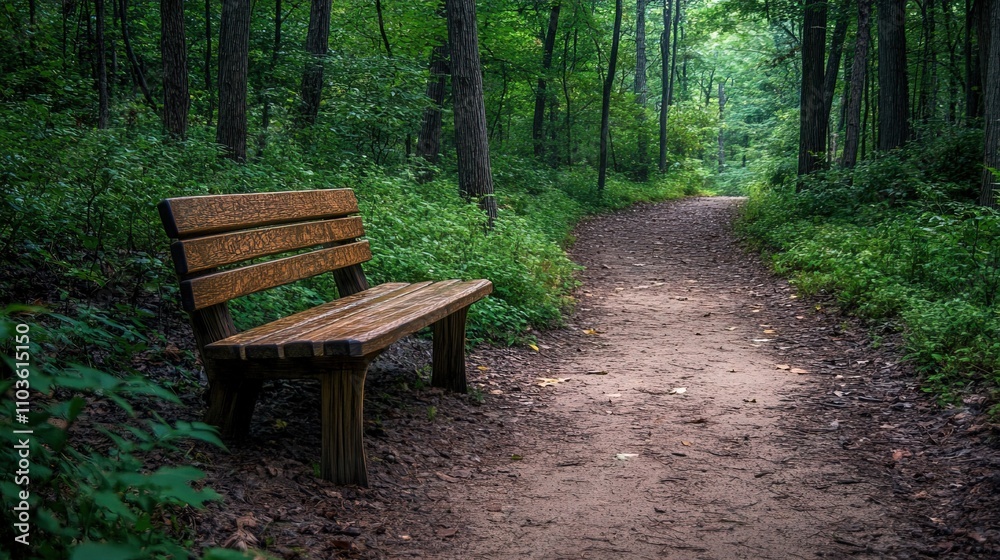 Empty wooden bench along a forest path Empty wooden bench along a forest path