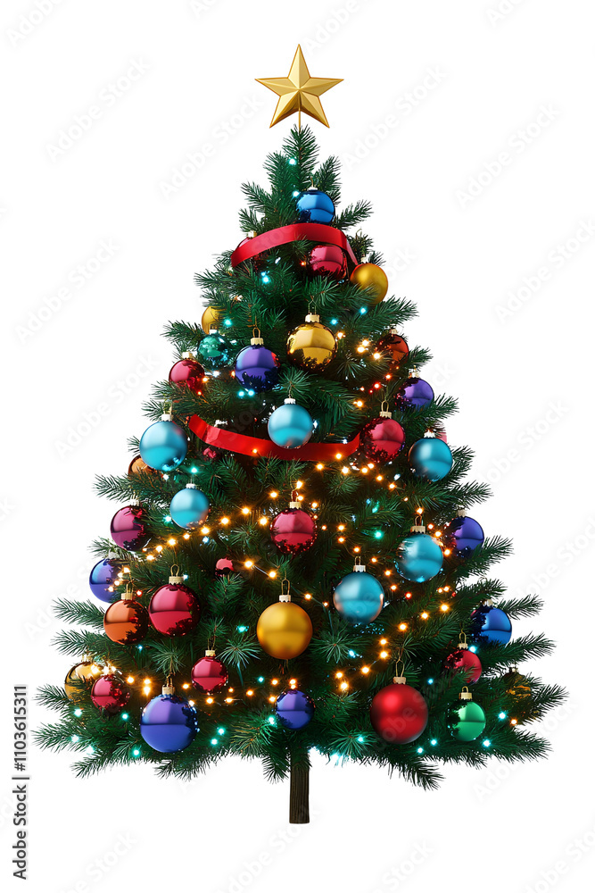 3D cartoon Christmas tree features glass baubles, red ribbons, golden garlands, LED lights, and star topper on transparent background with realistic pine needles , on transparent background 3D cartoon Christmas tree features glass baubles, red ribbons, golden garlands, LED lights, and star topper on transparent background with realistic pine needles , on transparent background
