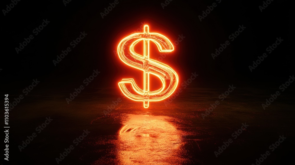 Bright neon dollar sign glowing in a dark environment Bright neon dollar sign glowing in a dark environment