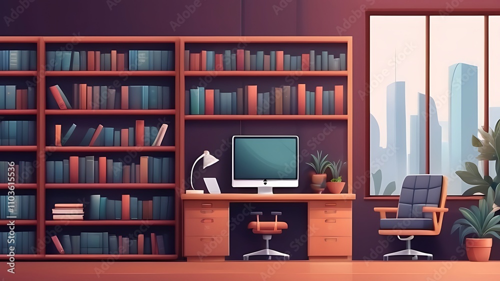 Modern library with bookshelf illustration. Librarians desk with desktop computer. Interior illustration
Modern library with bookshelf illustration. Librarians desk with desktop computer. Interior illustration