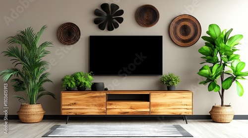 Modern living room interior with TV, plants, and decorative wall art. photo