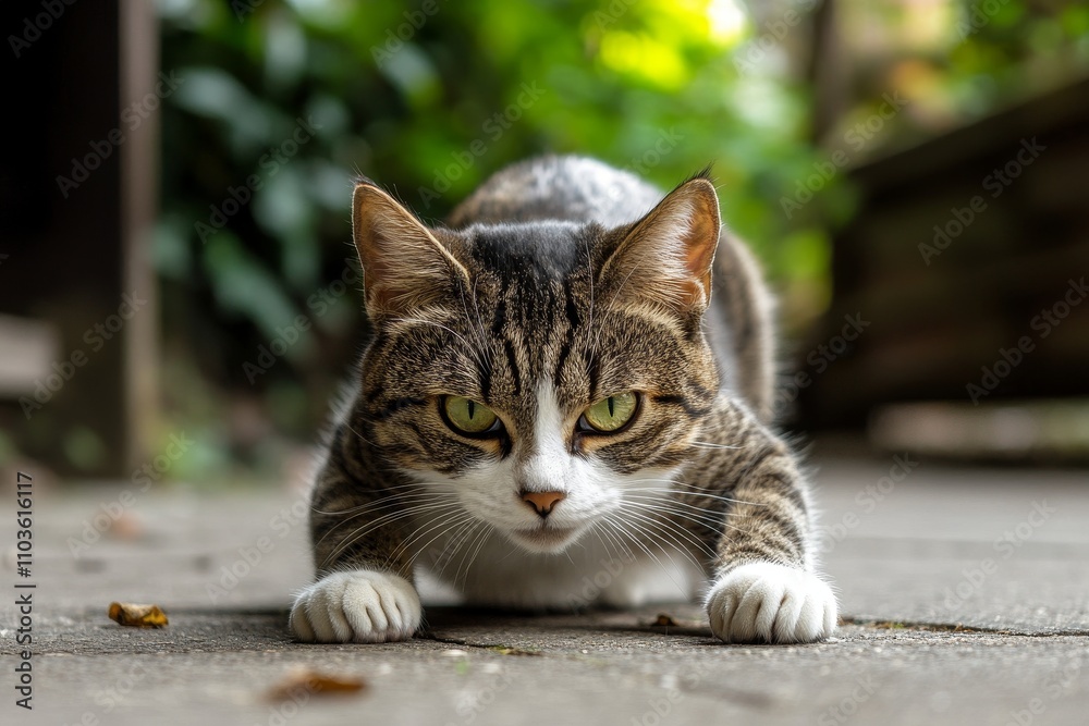Focused Cat Stalking Prey in a Lush Outdoor Environment with Greenery and Soft Natural Lighting Creating an Engaging and Intimate Moment of Feline Behavior Focused Cat Stalking Prey in a Lush Outdoor Environment with Greenery and Soft Natural Lighting Creating an Engaging and Intimate Moment of Feline Behavior