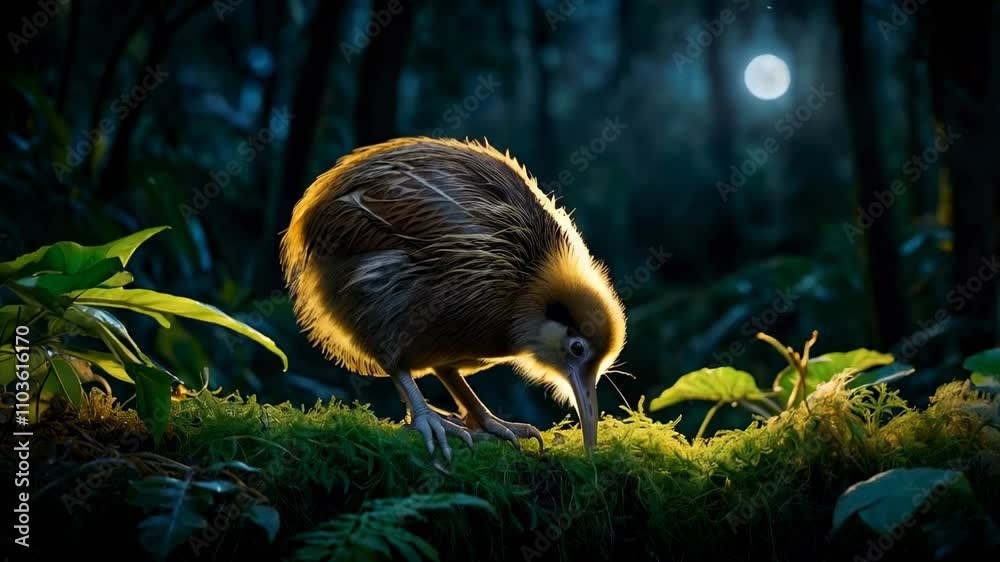 Kiwi Bird Searching for Food at Night Under Moonlight in Natural Habitat

