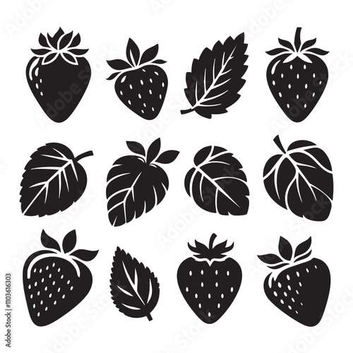 Silhouette set of strawberry on white background