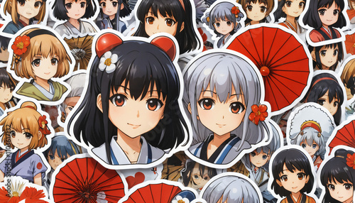 Collage of anime stickers with traditional Japanese motifs, including women in kimonos, floral designs, pagodas and landscapes, in bright colors and detailed illustrations on a transparent background photo