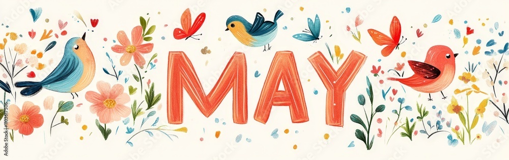 May Spring Banner with Birds and Flowers May Spring Banner with Birds and Flowers