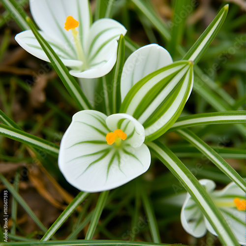 Grass like ensiform leaves of crocus with white central stripe along the leaf axis photo