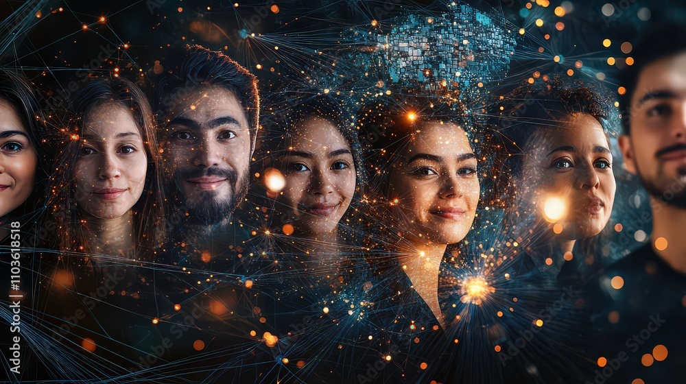 Group of individuals with glowing digital overlays, symbolizing human connection, technology, and innovation in a networked world. Group of individuals with glowing digital overlays, symbolizing human connection, technology, and innovation in a networked world.