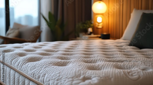  Close-up of a plush, quilted mattress in a cozy bedroom setting with soft lighting, evoking relaxation and comfort.