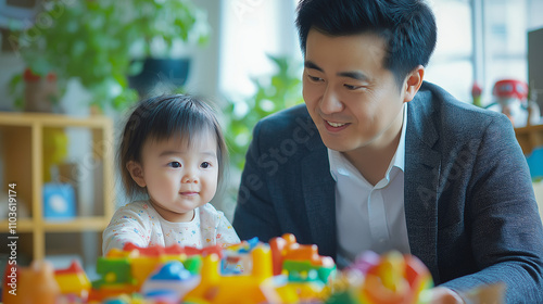 Chinese father and baby with joy playing together at home with colorful building toys photo