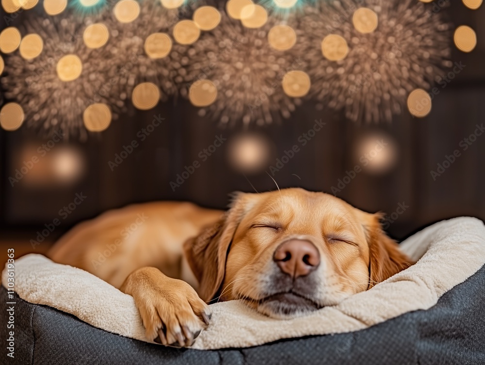 photography of a brown dog sleeping calmly in its dogbed even though there are fireworks outside photography of a brown dog sleeping calmly in its dogbed even though there are fireworks outside