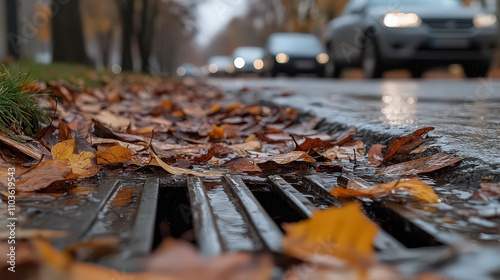  Fallen autumn leaves covering a street drain with blurred cars in the background, symbolizing seasonal transitions and urban nature.