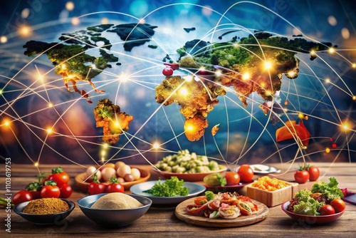 Global Network Connection Concept Representing Best Internet and Business Opportunities with a World Map and Dynamic Points and Lines Illustrating Global Connectivity in Food Photography photo