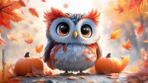 Logo design illustrating a cheerful owl character with a big smile, surrounded by colorful autumn leaves and playful pumpkins. The cute style and bright colors create a warm atmosphere, enhanced  photo