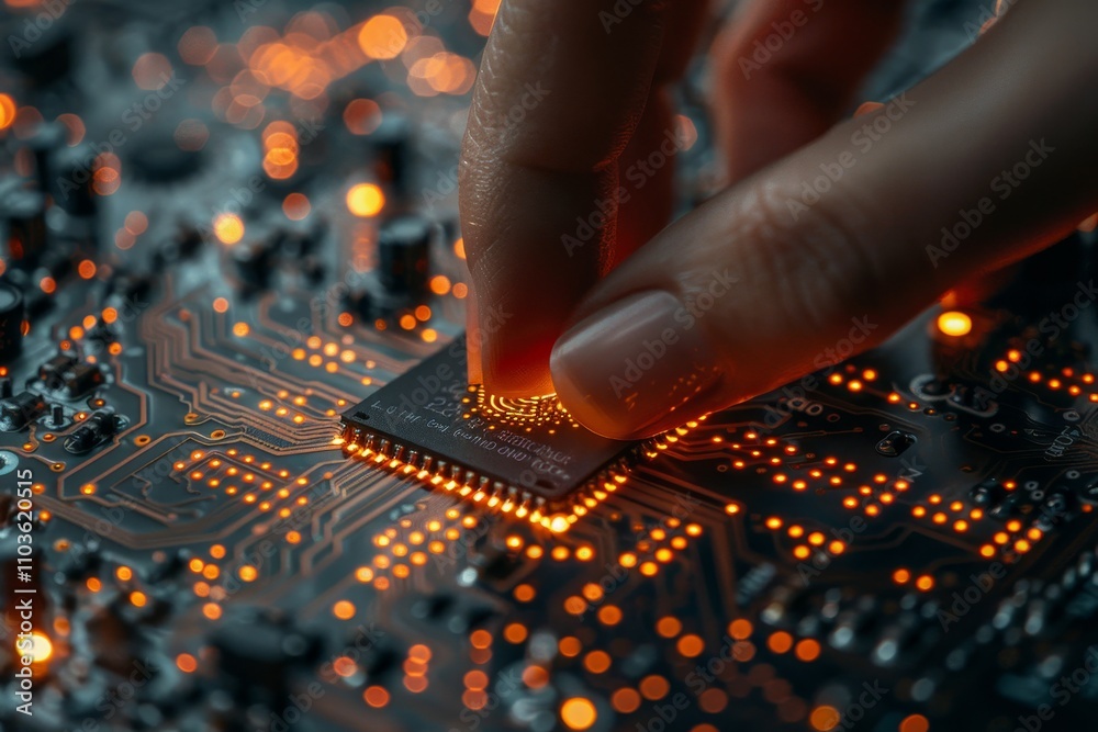 Quantum Computing Revolutionizing Information Processing Illustrated on a Processor Touched by a Human Hand. Quantum Computing Revolutionizing Information Processing Illustrated on a Processor Touched by a Human Hand.