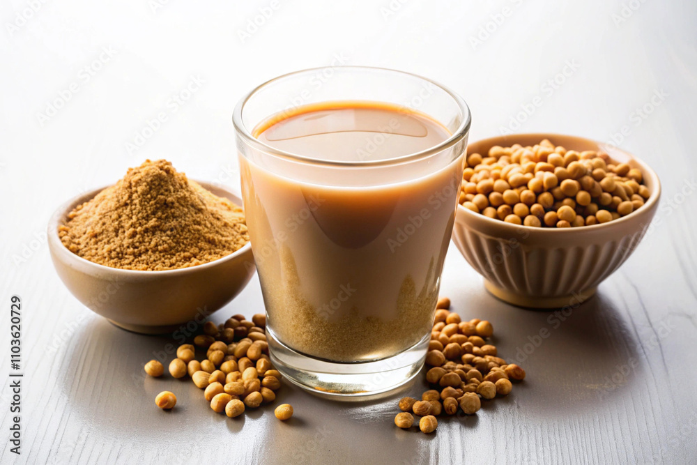 Fresh Sattu drink with brown sugar, over white background Fresh Sattu drink with brown sugar, over white background