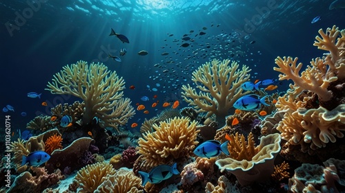 Vibrant underwater scene showcasing a diverse coral reef teeming with colorful fish and sunlight penetrating the water's surface.