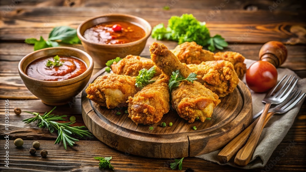 Golden Brown Fried Chicken Drumsticks on a Rustic Wooden Table Surrounded by Fresh Herbs and Dipping Sauces, Perfect for a Delicious Meal or Party Platter Golden Brown Fried Chicken Drumsticks on a Rustic Wooden Table Surrounded by Fresh Herbs and Dipping Sauces, Perfect for a Delicious Meal or Party Platter