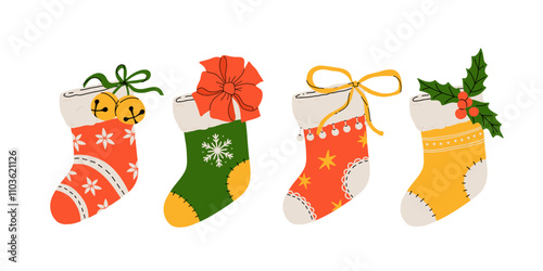Christmas stockings vector set isolated from background. Various traditional colorful and ornate holiday stockings or socks collection. Cartoon New Year design illustrations.