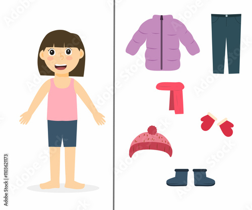 A worksheet where children cut out pictures of winter clothes and paste them onto a drawing of a person, dress for winter activity, cut and glue winter clothes