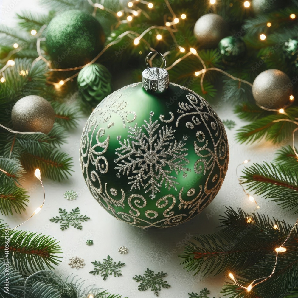 Elegant green Christmas bauble with intricate snowflake patterns, surrounded by festive greenery and fairy lights