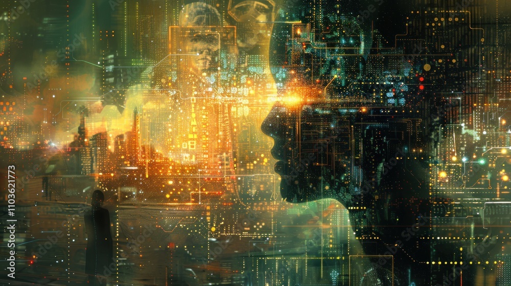 A digital artwork blending human silhouette with futuristic cityscape and technology elements. A digital artwork blending human silhouette with futuristic cityscape and technology elements.