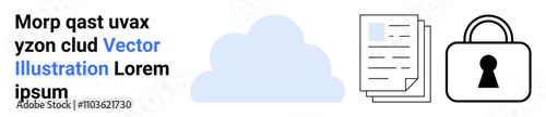 Cloud with documents and padlock, text placeholder. Ideal for cloud storage, data security, privacy protection, online documents, virtual storage, cybersecurity digital safety. Landing page