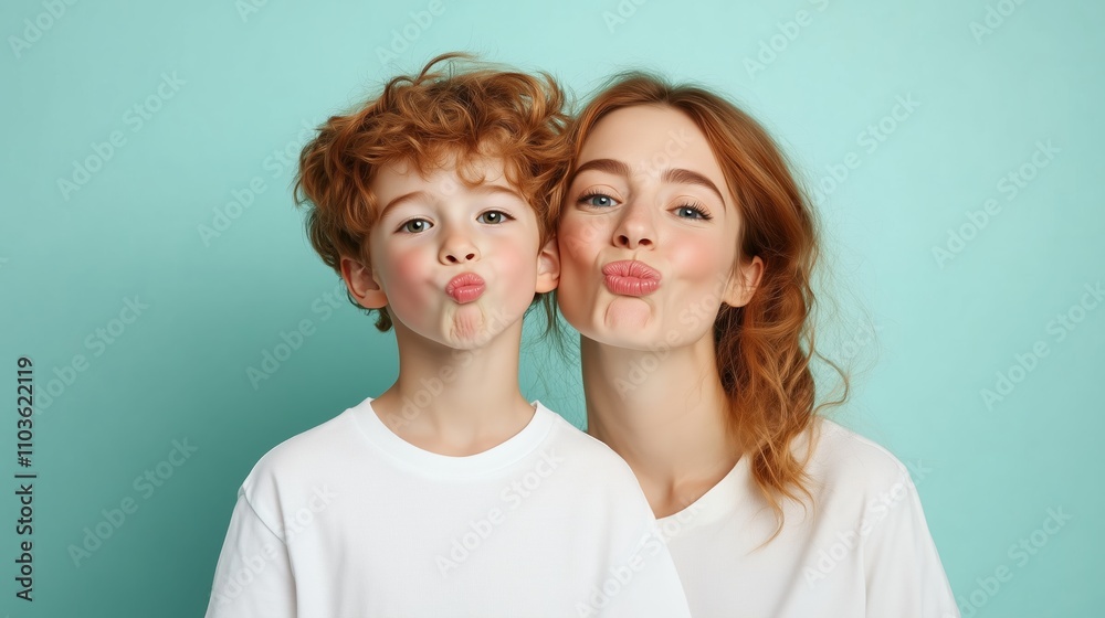 Mother and son share a playful moment making funny faces against a vibrant background Mother and son share a playful moment making funny faces against a vibrant background
