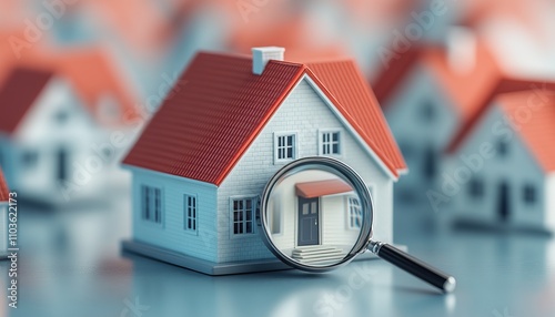 A small model house under a magnifying glass, symbolizing real estate analysis or inspection amidst similar houses in the background.