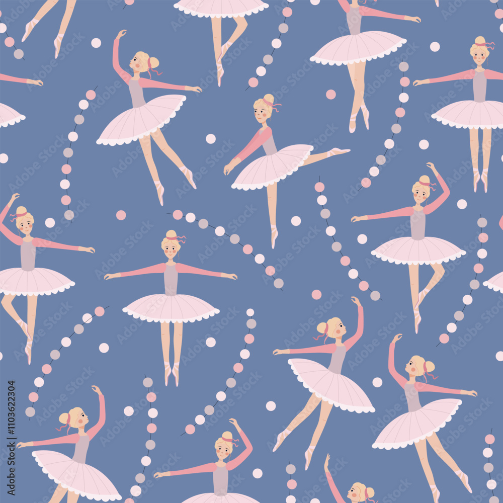 Dancing ballerinas in different poses with fairy lights. Vector endless pattern on light blue background. Dancing ballerinas in different poses with fairy lights. Vector endless pattern on light blue background.
