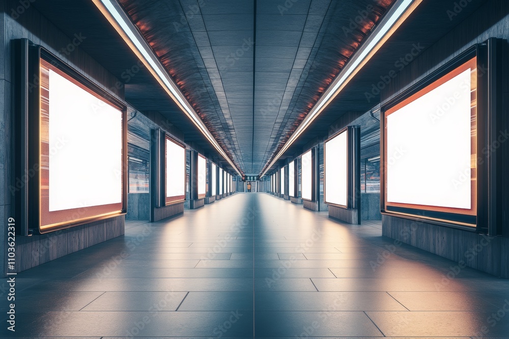 Modern Subway Station Corridor with Illuminated Blank Billboards, Sleek Architecture, and Symmetrical Perspective Offering Space for Advertisements and Creative Displays Modern Subway Station Corridor with Illuminated Blank Billboards, Sleek Architecture, and Symmetrical Perspective Offering Space for Advertisements and Creative Displays