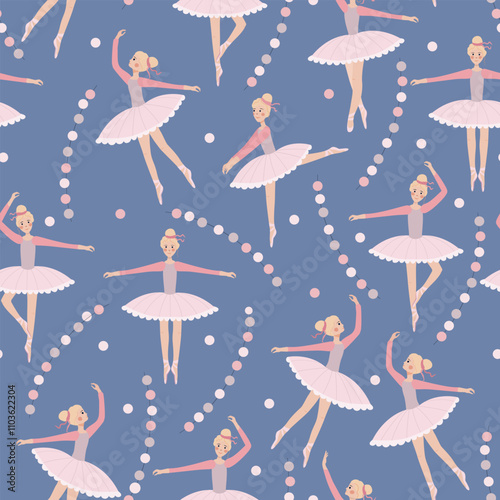 Dancing ballerinas in different poses with fairy lights. Vector endless pattern on light blue background.