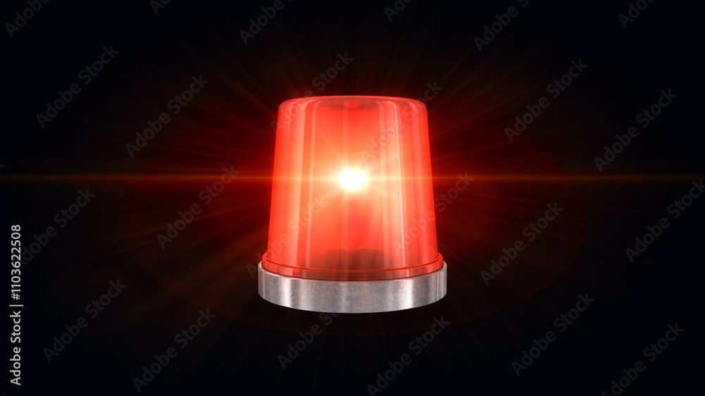 3d render, looping animation of a rotating spinning red flashing light. Emergency alarm flasher isolated on black background
