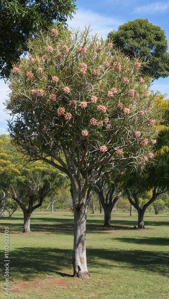 Naklejka premium Acacia Tree Woody plant with small fragrant flowers and thorny branches common in tropical and subtropical regions