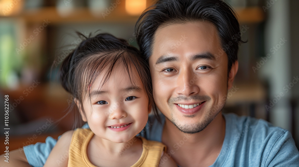 Father and child smiling happily at home in a cozy interior Father and child smiling happily at home in a cozy interior