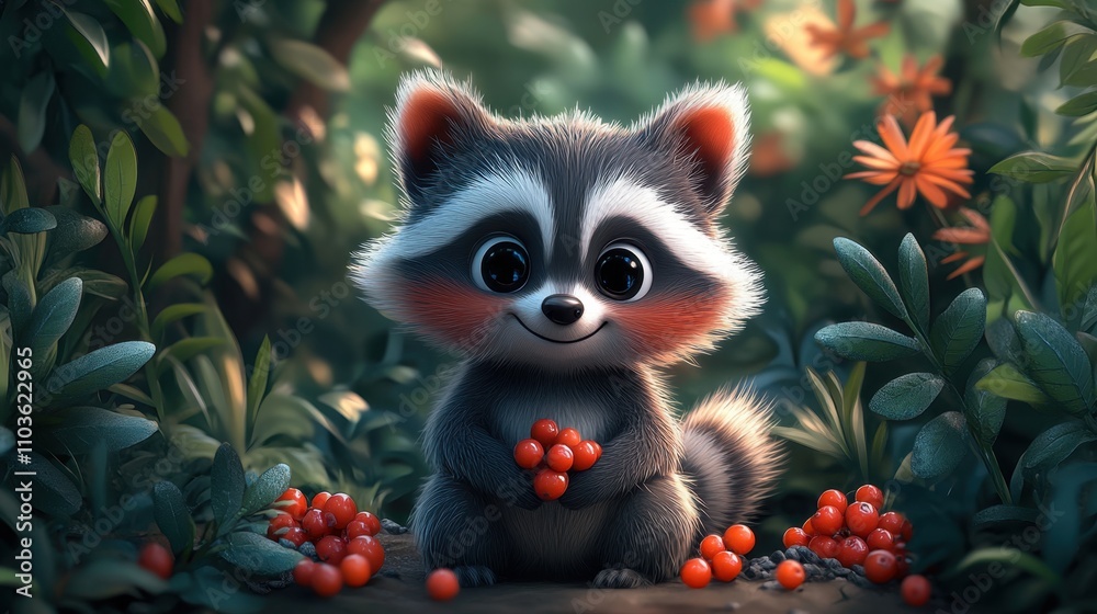 Logo design illustrating a cute raccoon character with a mischievous smile, surrounded by colorful forest elements and playful berries. The cute style and bright colors create a delightful atmosphere, Logo design illustrating a cute raccoon character with a mischievous smile, surrounded by colorful forest elements and playful berries. The cute style and bright colors create a delightful atmosphere,