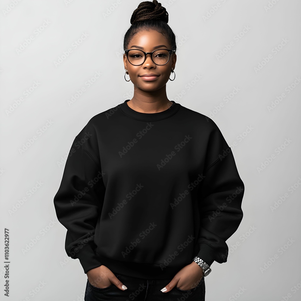 Studio portrait of a woman in glasses wearing a sweatshirt, white background Studio portrait of a woman in glasses wearing a sweatshirt, white background