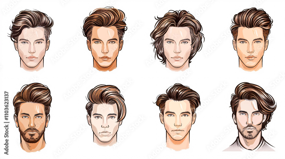 Set of fashionable men's hairstyles for designers, isolated on a white background. Set of fashionable men's hairstyles for designers, isolated on a white background.