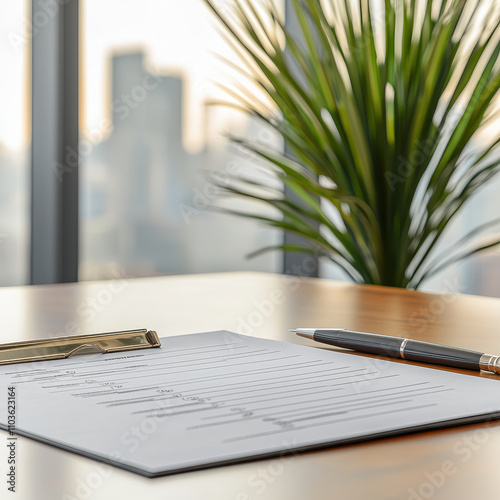 Close up of policy compliance checklist on wooden desk with pen and glasses, set against blurred cityscape background