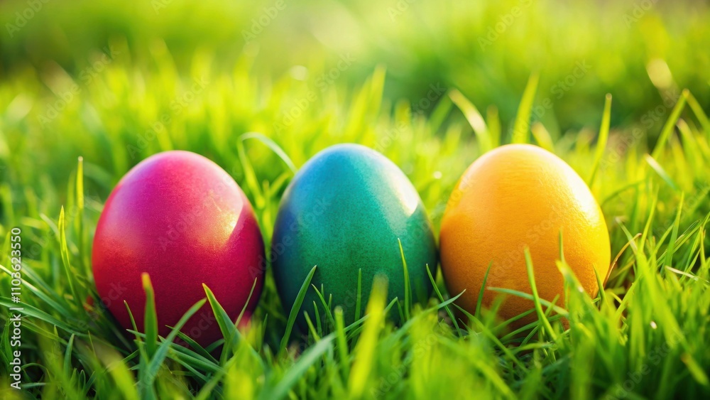 Three colorful Easter eggs on a bed of green grass, Easter, holiday, celebration, decoration, traditional, spring, festive Three colorful Easter eggs on a bed of green grass, Easter, holiday, celebration, decoration, traditional, spring, festive