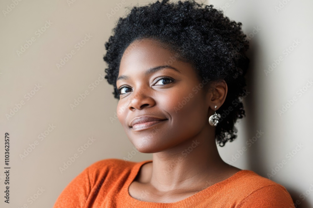 Portrait of a confident young woman with natural curly hair, wearing an orange sweater, smiling gently while leaning against a neutral-toned wall in a modern interior space. Portrait of a confident young woman with natural curly hair, wearing an orange sweater, smiling gently while leaning against a neutral-toned wall in a modern interior space.