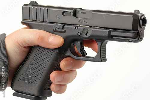 Isolated hands gripping a 9mm pistol with clean edits and clipping paths for graphic use photo