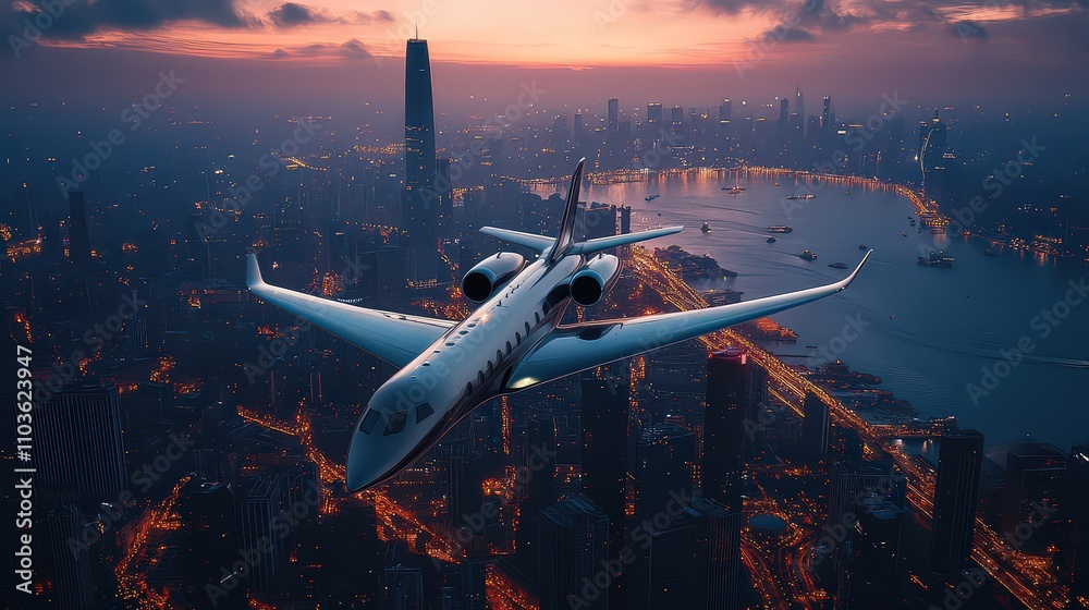 Naklejka premium Aerial view of futuristic plane flying over cityscape illuminated by advanced urban lighting, with ocean shimmering in the distance.