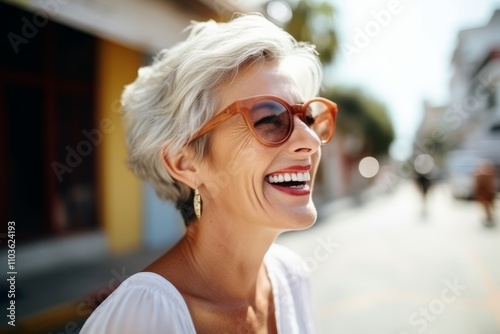 Closeup portrait of a happy senior woman in sunglasses, laughing and looking away.