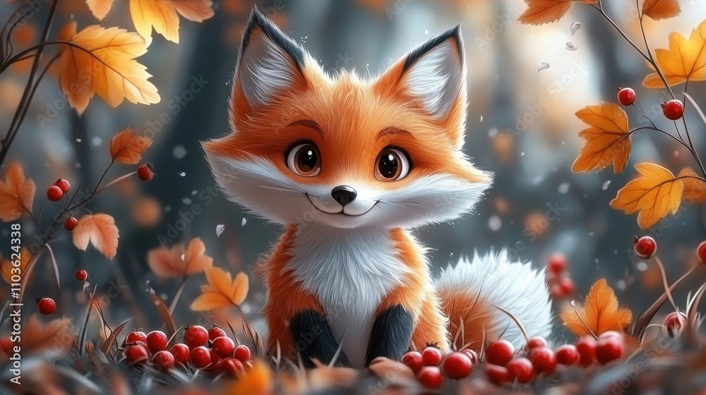 Obraz premium Logo design illustrating a delightful fox character with a playful expression, surrounded by colorful autumn leaves and cheerful berries. The cute style and bright colors evoke a joyful atmosphere,