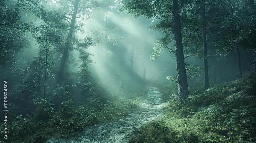 Dense forest of towering pine trees with natural canopy, light shafts through leaves, narrow path leading into misty woods. Dense forest of towering pine trees with natural canopy, light shafts through leaves, narrow path leading into misty woods.
